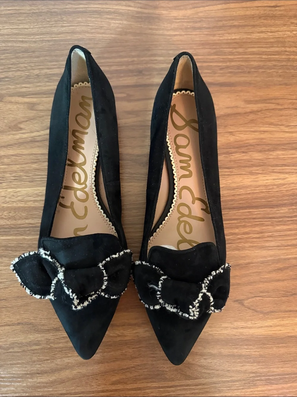 Sam Edelman Black Suede Pointed Toe Flats with Decorative Bow